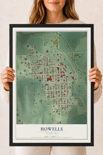 Map of Howells, Nebraska, 18 x 24 inch print in a black wood frame