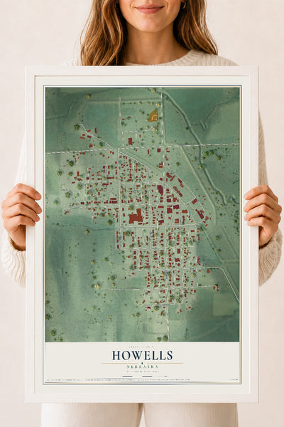 Map of Howells, Nebraska, 18 x 24 inch print in a white wood frame