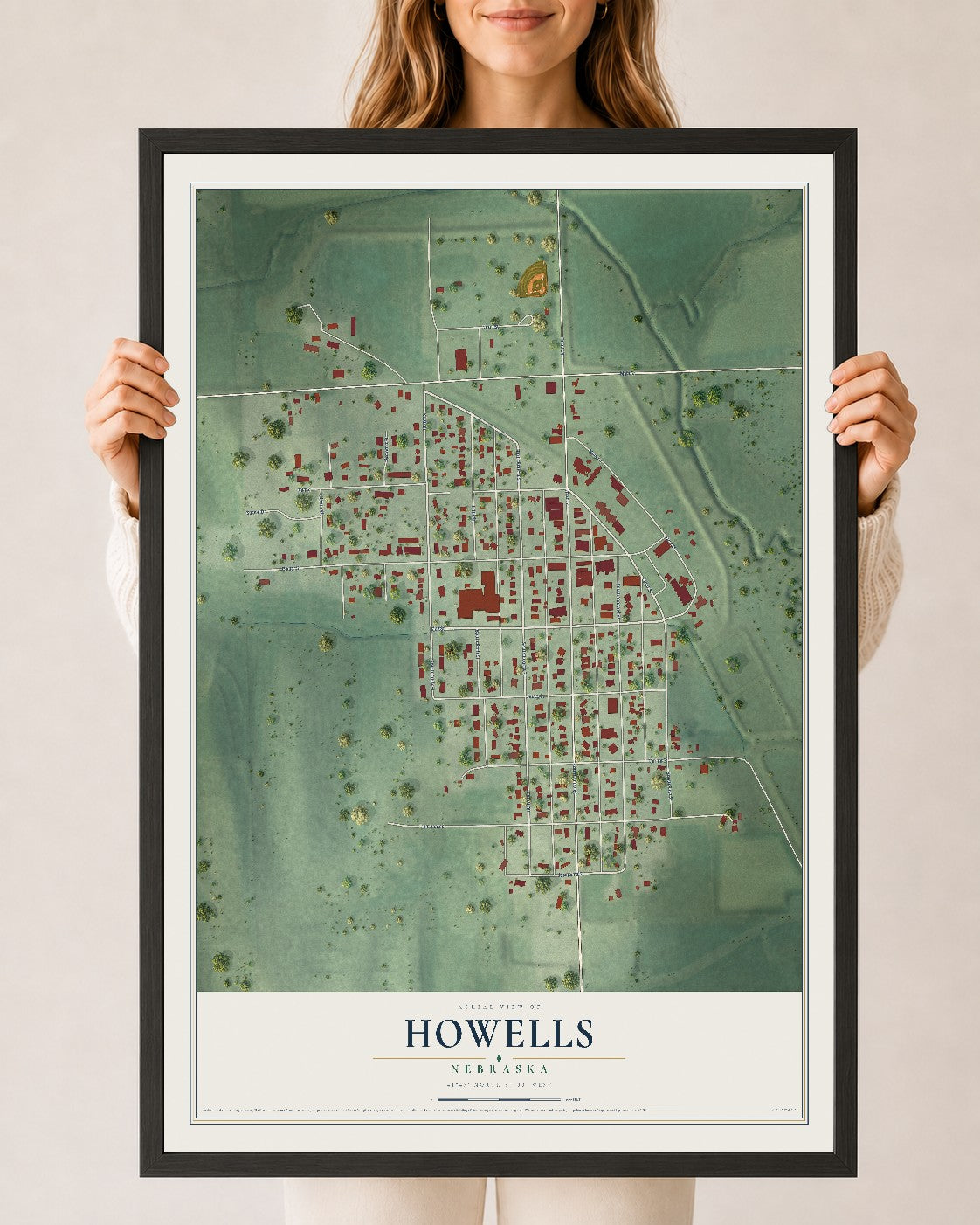 Map of Howells, Nebraska, 24 x 36 inch print in a black wood frame