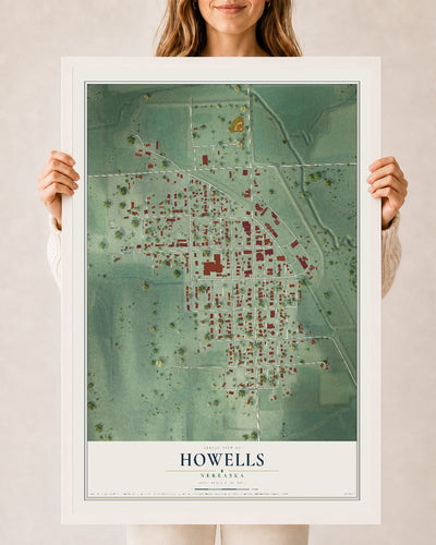 Map of Howells, Nebraska, 24 x 36 inch print in a white wood frame