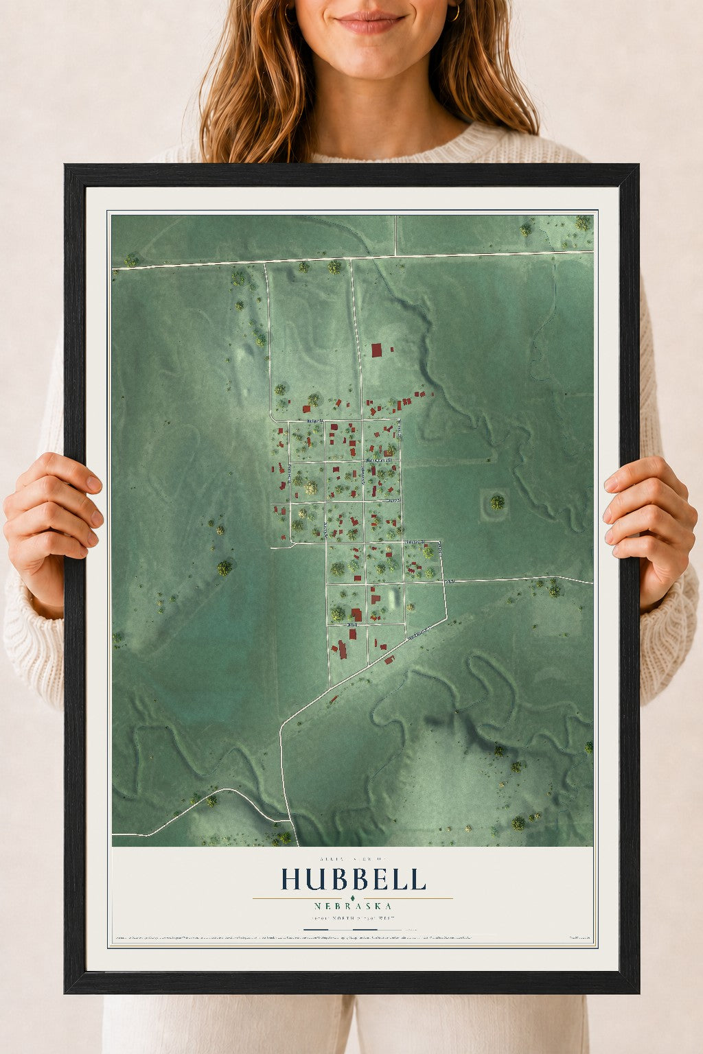Map of Hubbell, Nebraska, 18 x 24 inch print in a black wood frame