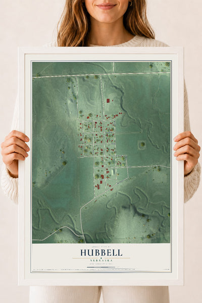 Map of Hubbell, Nebraska, 18 x 24 inch print in a white wood frame