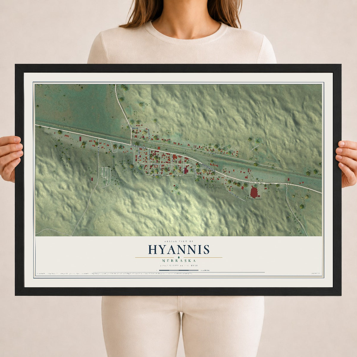 Map of Hyannis, Nebraska, 18 x 24 inch print in a black wood frame