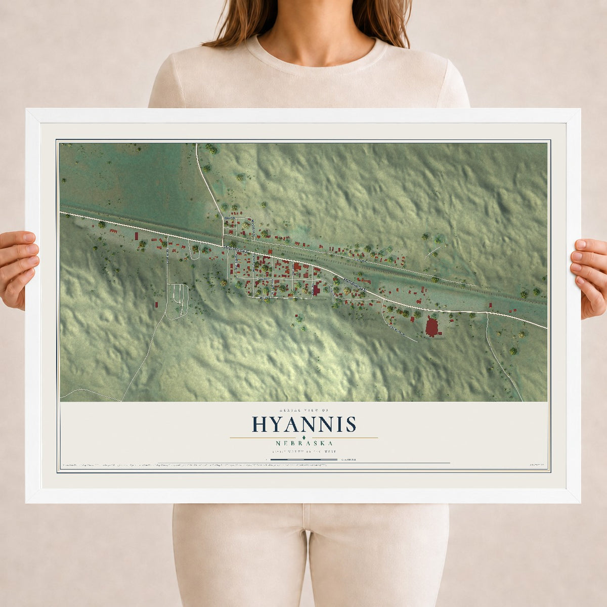Map of Hyannis, Nebraska, 18 x 24 inch print in a white wood frame