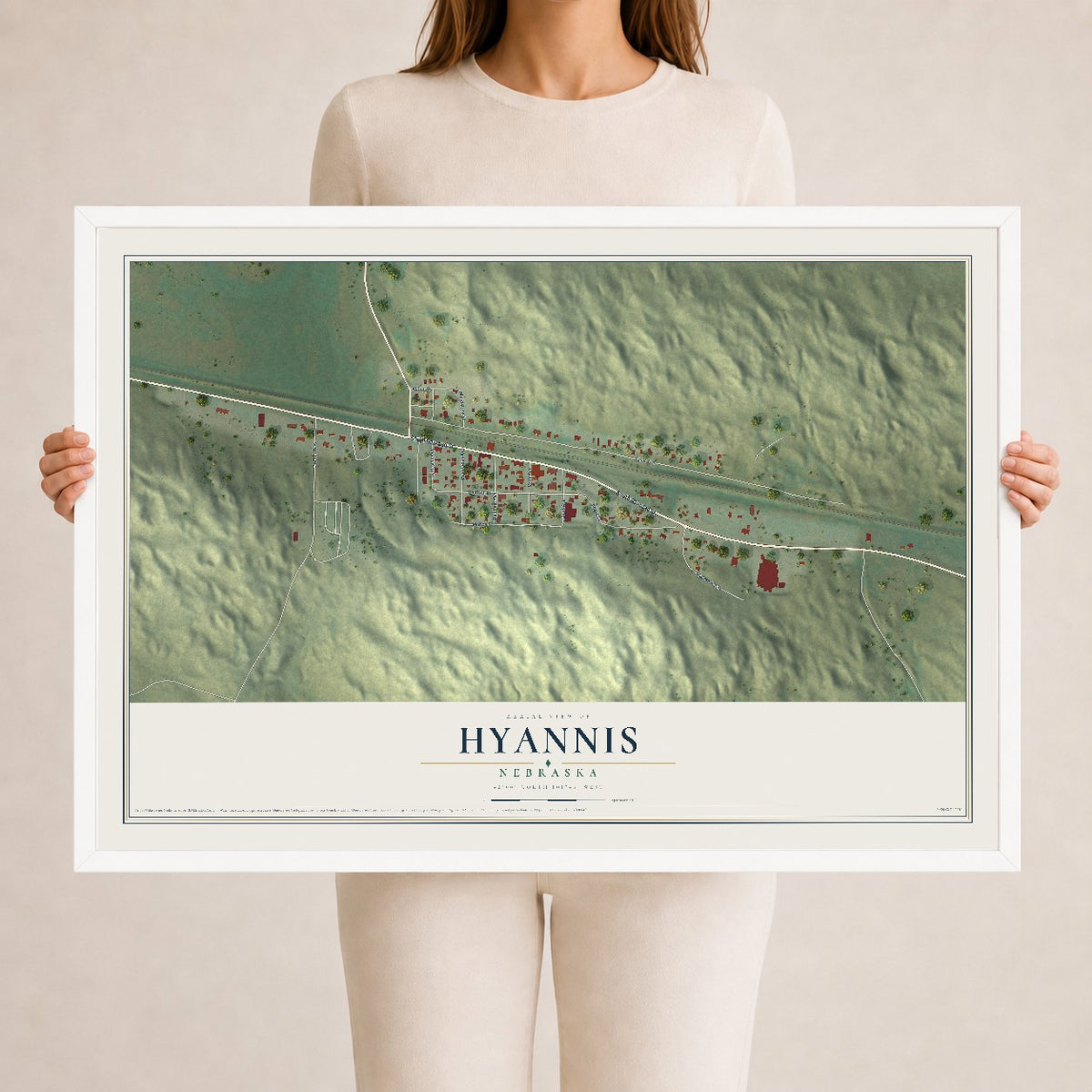 Map of Hyannis, Nebraska, 24 x 36 inch print in a white wood frame