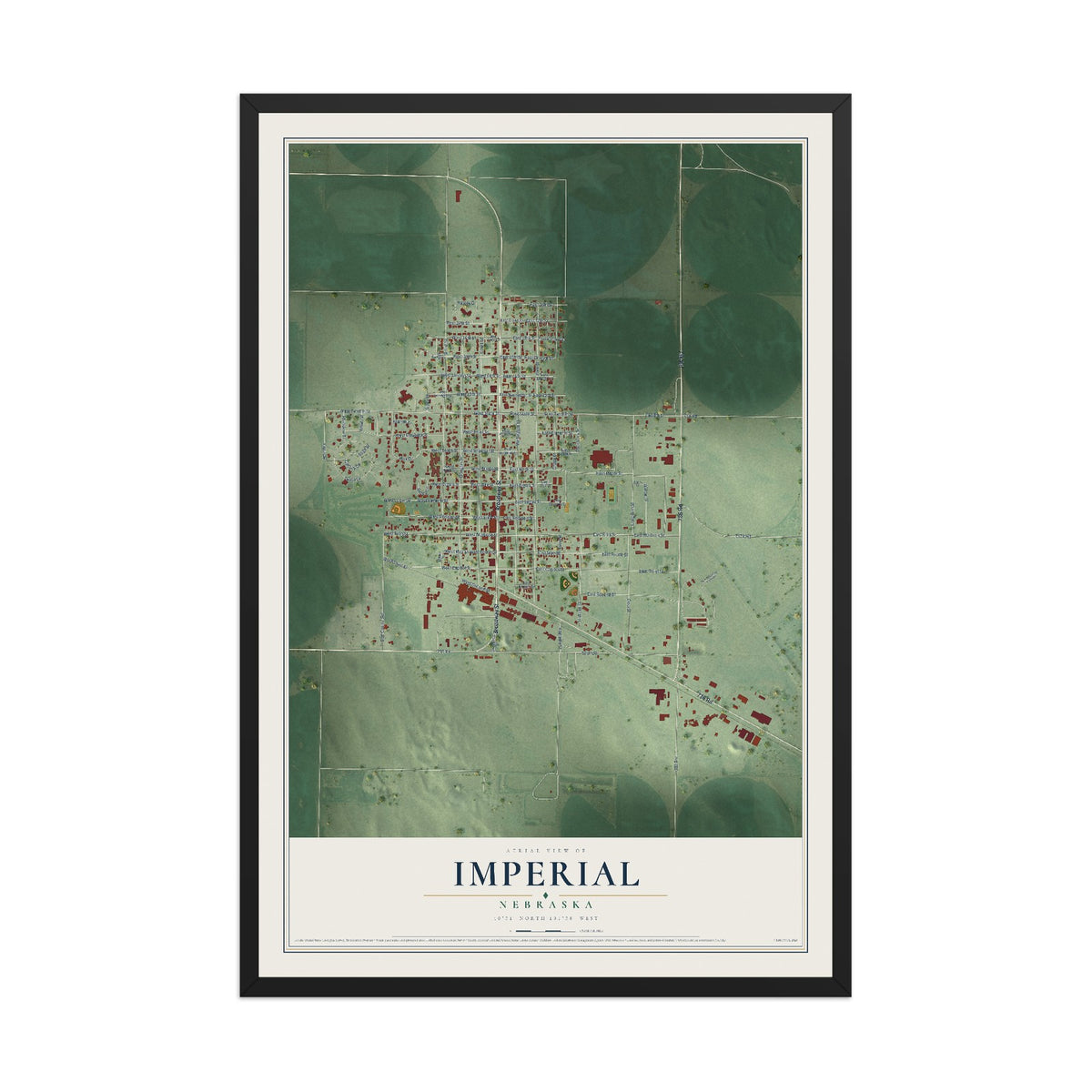 Map of Imperial, Nebraska, 12 x 18 inch print in a black wood frame