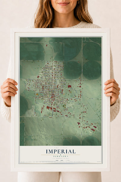 Map of Imperial, Nebraska, 18 x 24 inch print in a white wood frame