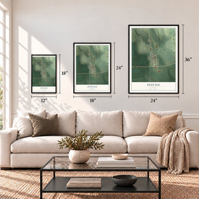 Inavale, Nebraska map in 12 x 18, 18 x 24 and 24 x 36 inch sizes above a sofa