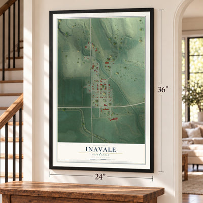 Inavale, Nebraska map, 24 x 36 inch print in a black frame by a staircase