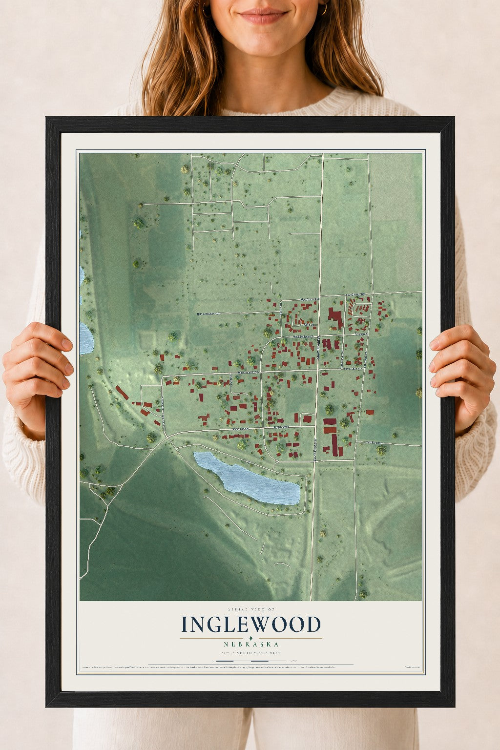 Map of Inglewood, Nebraska, 18 x 24 inch print in a black wood frame