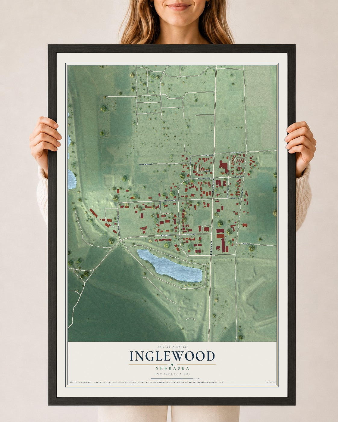 Map of Inglewood, Nebraska, 24 x 36 inch print in a black wood frame
