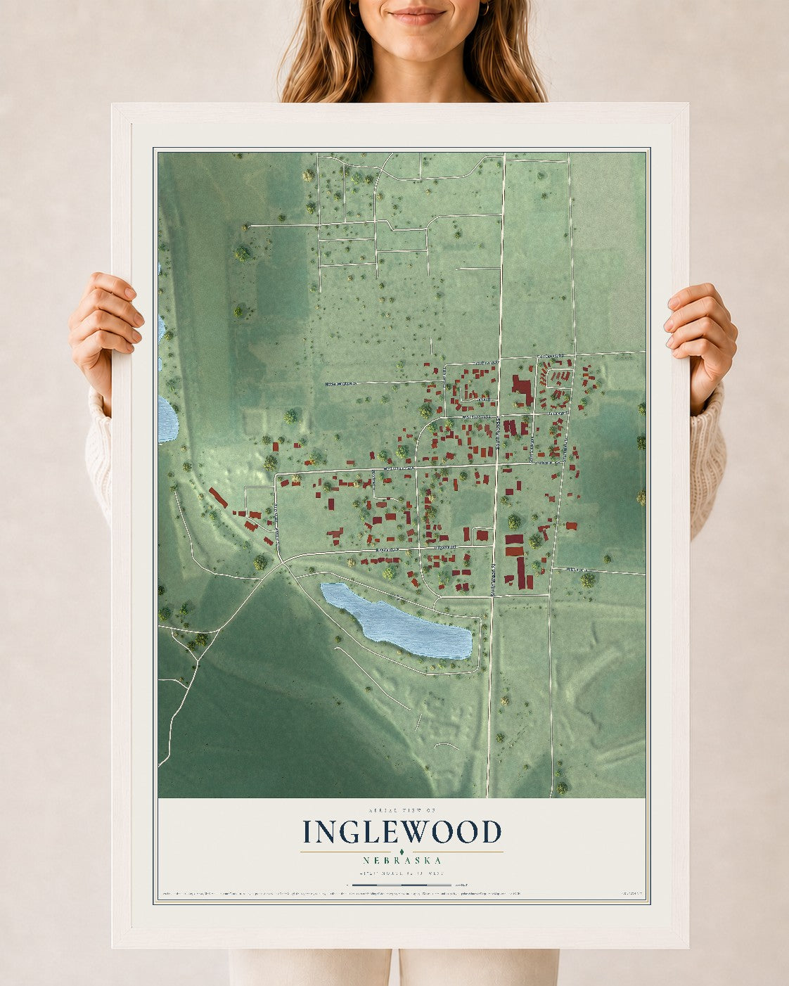 Map of Inglewood, Nebraska, 24 x 36 inch print in a white wood frame