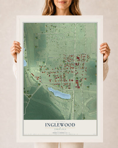 Map of Inglewood, Nebraska, 24 x 36 inch print in a white wood frame