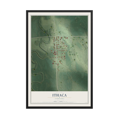 Map of Ithaca, Nebraska, 12 x 18 inch print in a black wood frame
