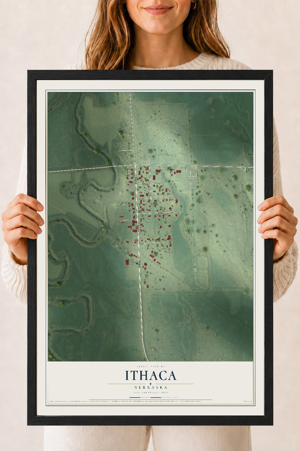 Map of Ithaca, Nebraska, 18 x 24 inch print in a black wood frame