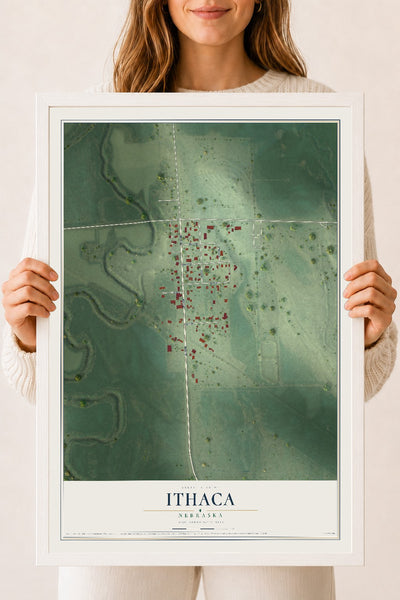 Map of Ithaca, Nebraska, 18 x 24 inch print in a white wood frame