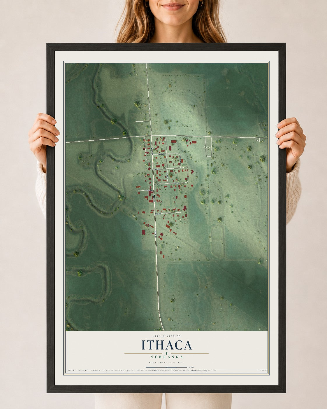 Map of Ithaca, Nebraska, 24 x 36 inch print in a black wood frame