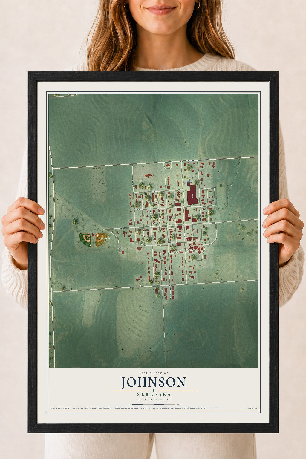 Map of Johnson, Nebraska, 18 x 24 inch print in a black wood frame