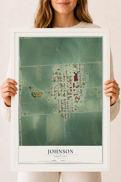 Map of Johnson, Nebraska, 18 x 24 inch print in a white wood frame
