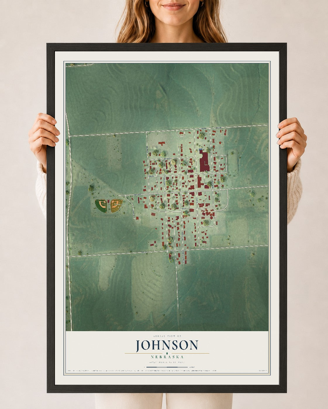 Map of Johnson, Nebraska, 24 x 36 inch print in a black wood frame