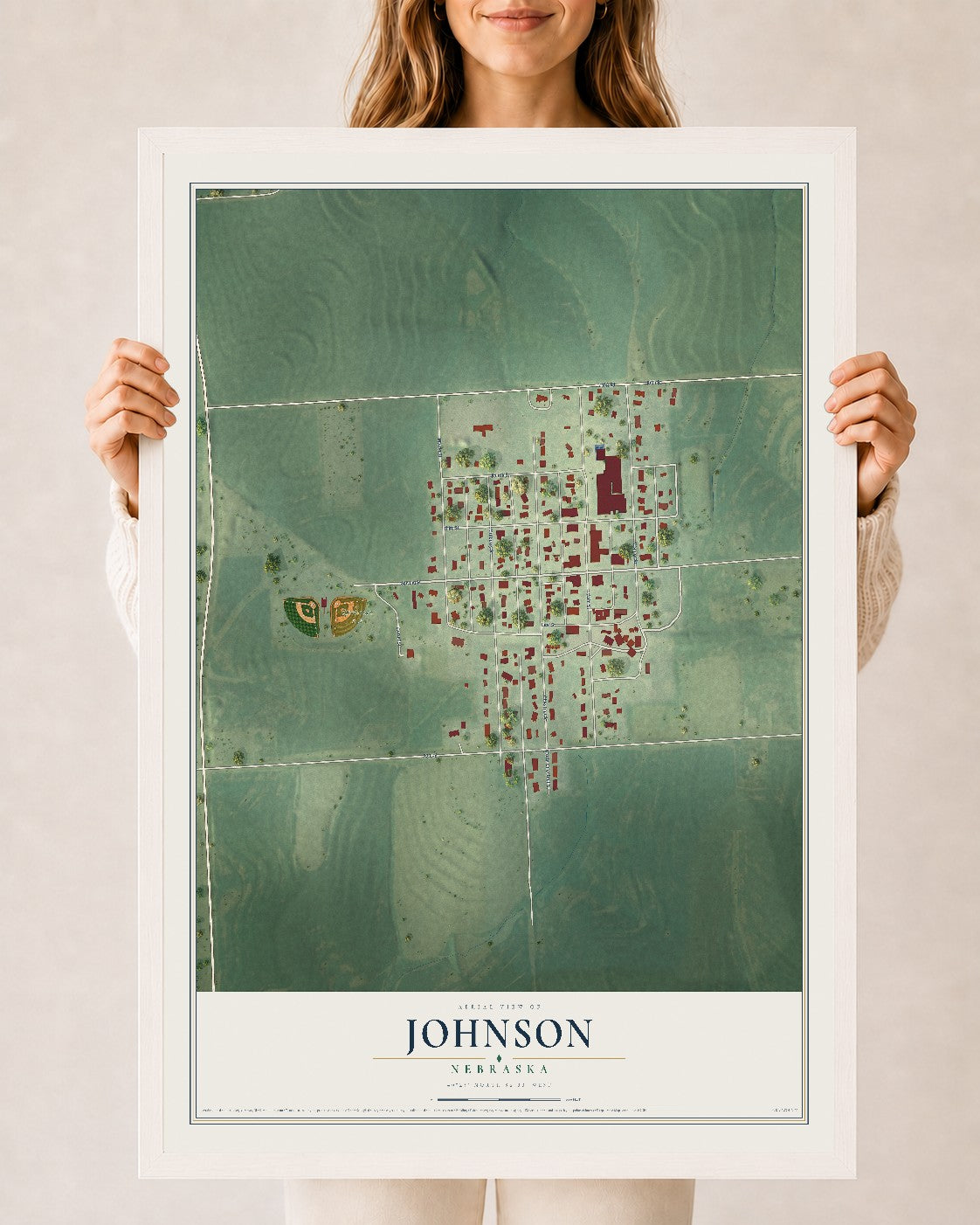 Map of Johnson, Nebraska, 24 x 36 inch print in a white wood frame