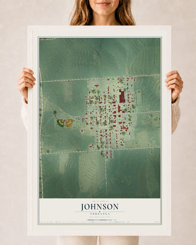 Map of Johnson, Nebraska, 24 x 36 inch print in a white wood frame