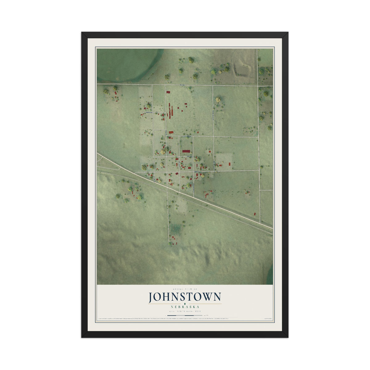 Map of Johnstown, Nebraska, 12 x 18 inch print in a black wood frame