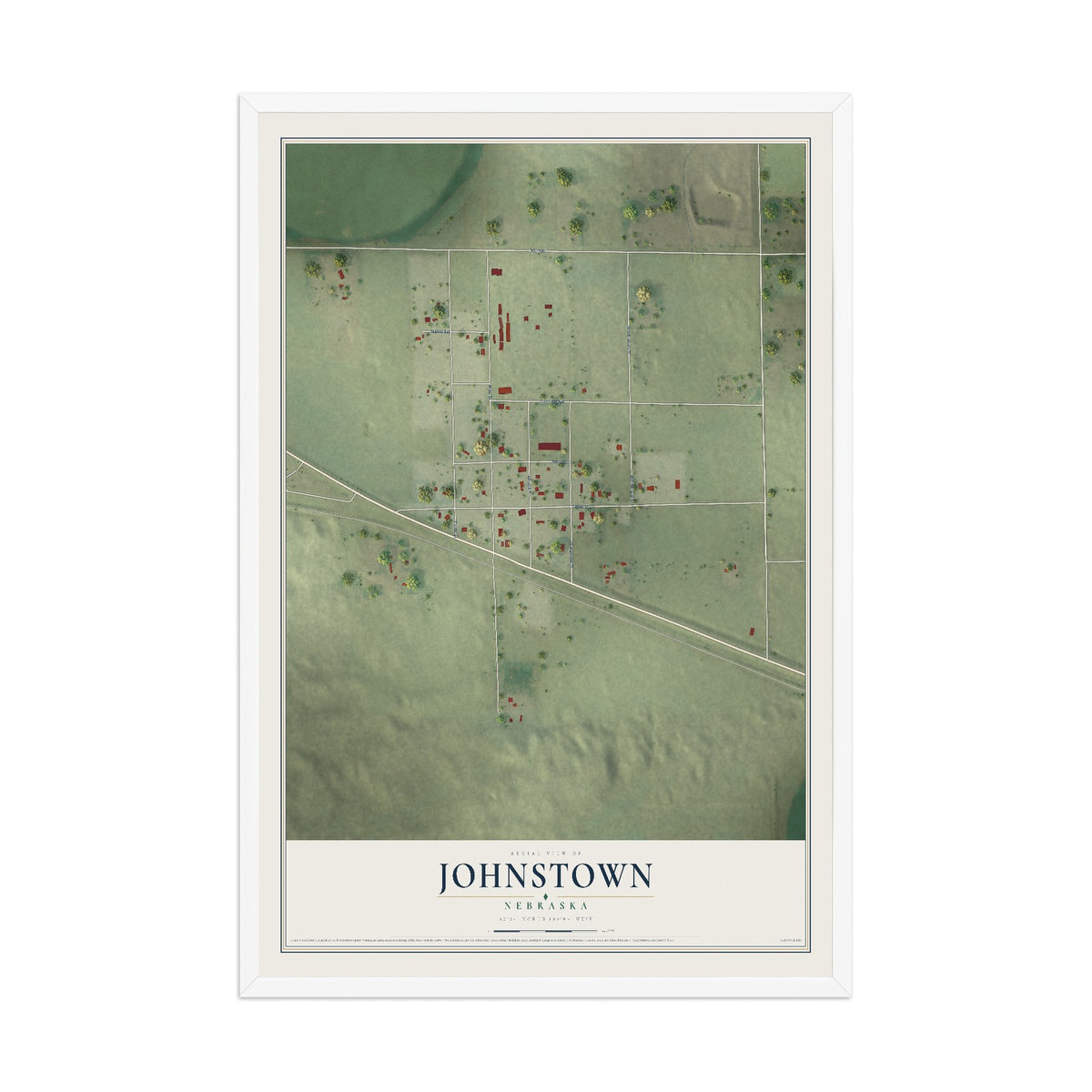 Map of Johnstown, Nebraska, 12 x 18 inch print in a white wood frame