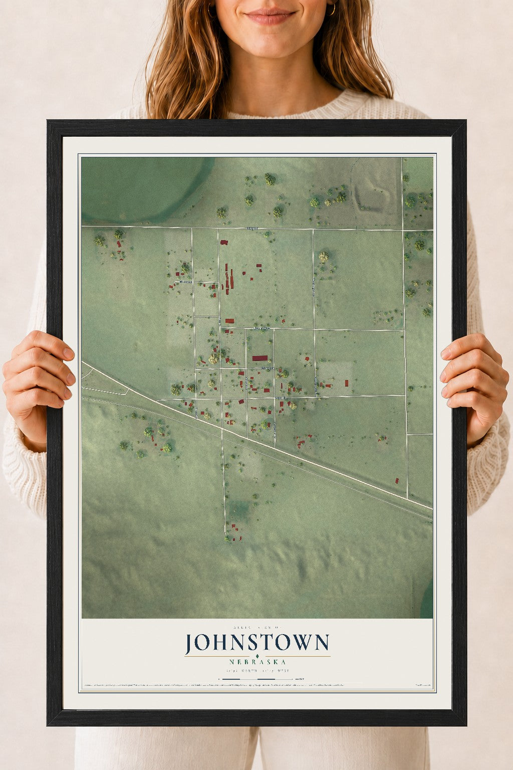 Map of Johnstown, Nebraska, 18 x 24 inch print in a black wood frame