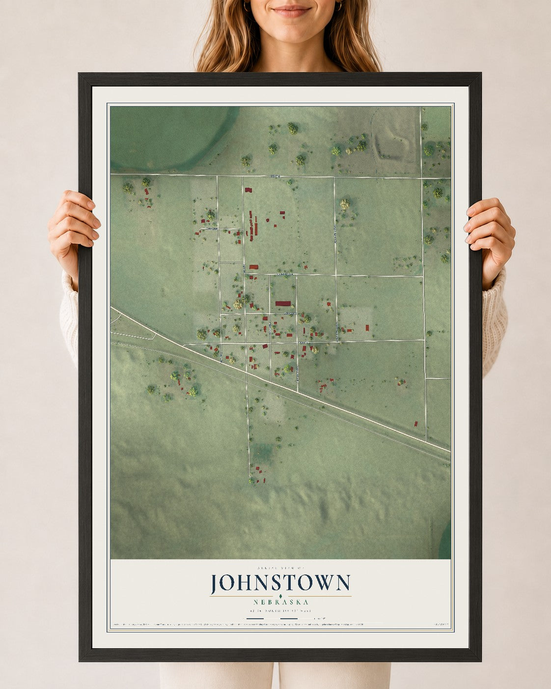 Map of Johnstown, Nebraska, 24 x 36 inch print in a black wood frame