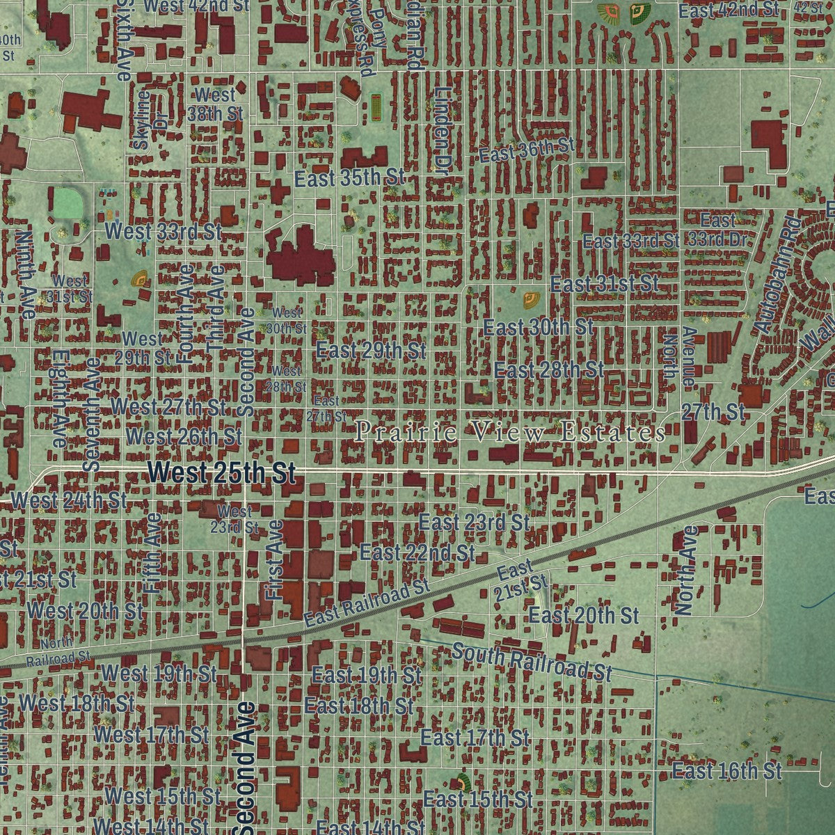 Close-up of the map of Kearney, Nebraska print showing street and building detail