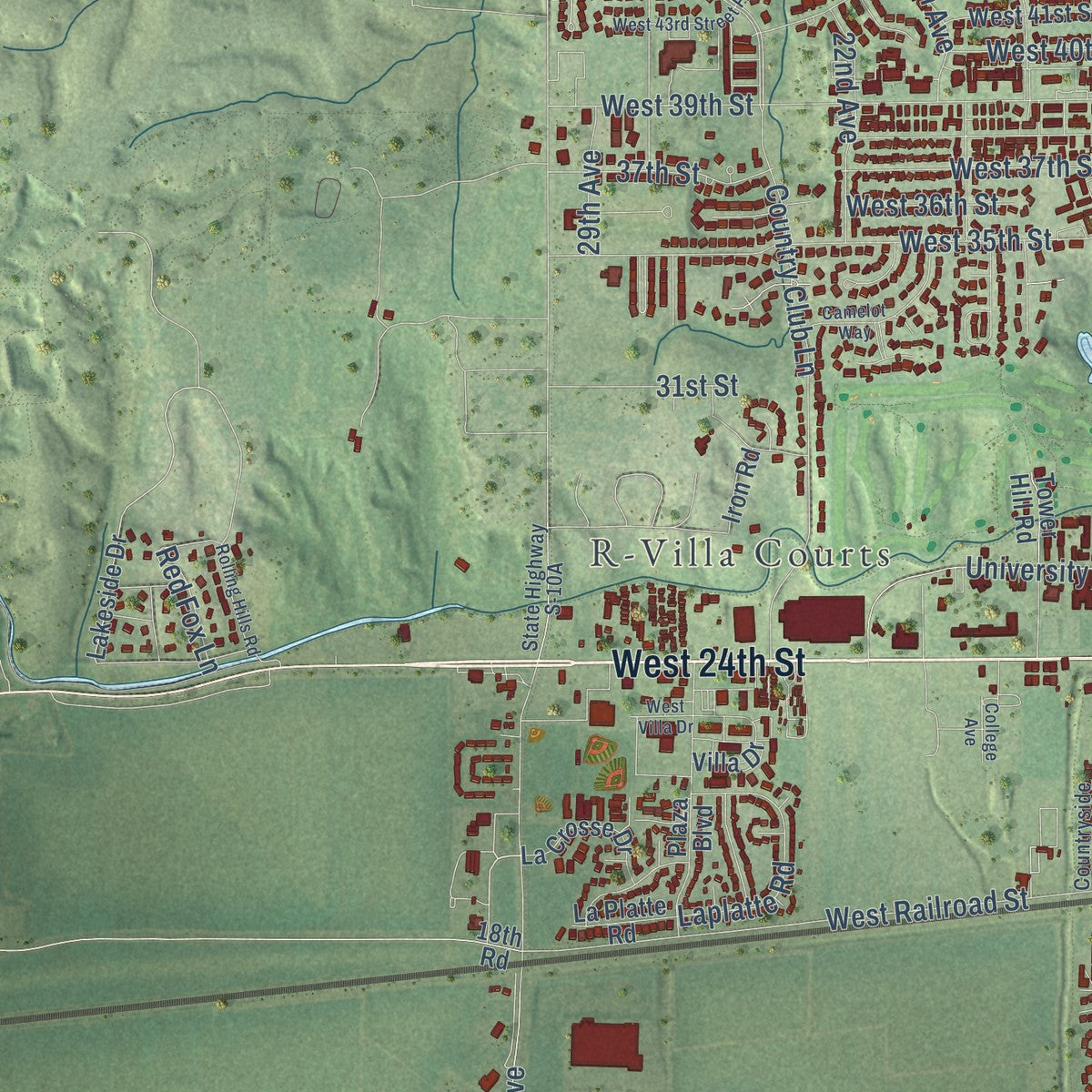 Second close-up of the map of Kearney, Nebraska print showing more streets and buildings