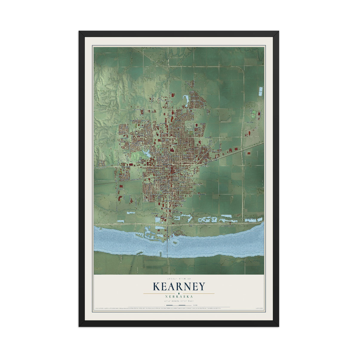 Map of Kearney, Nebraska, 12 x 18 inch print in a black wood frame
