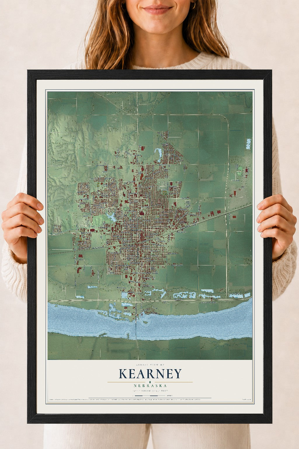 Map of Kearney, Nebraska, 18 x 24 inch print in a black wood frame