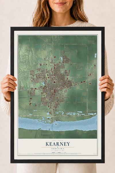 Map of Kearney, Nebraska, 18 x 24 inch print in a black wood frame