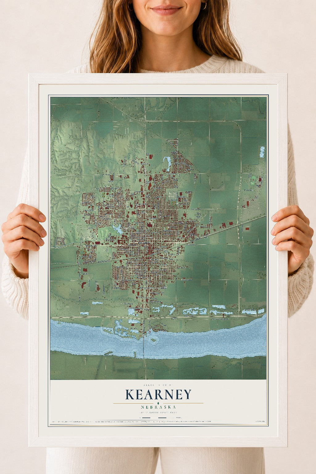 Map of Kearney, Nebraska, 18 x 24 inch print in a white wood frame