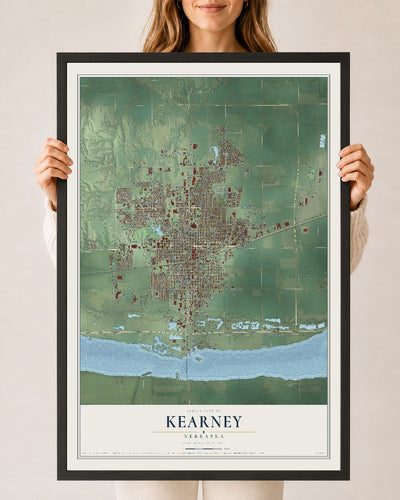 Map of Kearney, Nebraska, 24 x 36 inch print in a black wood frame