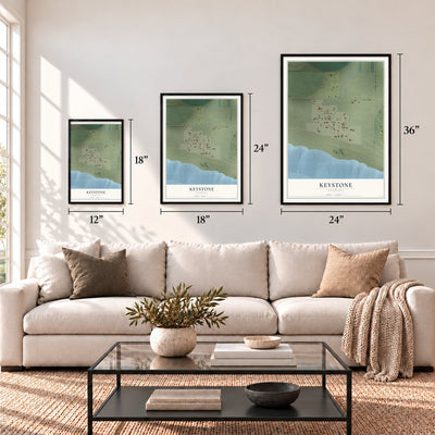 Keystone, Nebraska map in 12 x 18, 18 x 24 and 24 x 36 inch sizes above a sofa