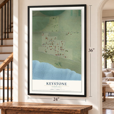 Keystone, Nebraska map, 24 x 36 inch print in a black frame by a staircase