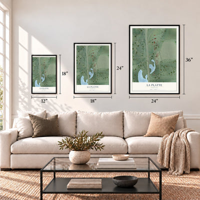 La Platte, Nebraska map in 12 x 18, 18 x 24 and 24 x 36 inch sizes above a sofa