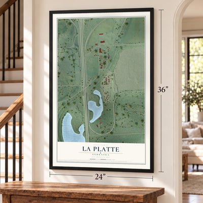 La Platte, Nebraska map, 24 x 36 inch print in a black frame by a staircase