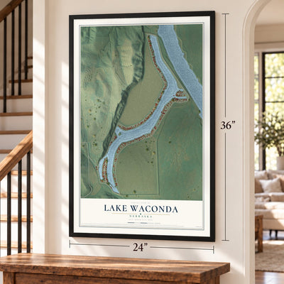 Lake Waconda, Nebraska map, 24 x 36 inch print in a black frame by a staircase