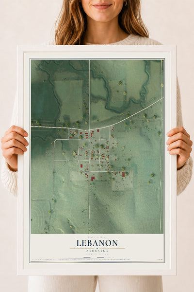 Map of Lebanon, Nebraska, 18 x 24 inch print in a white wood frame