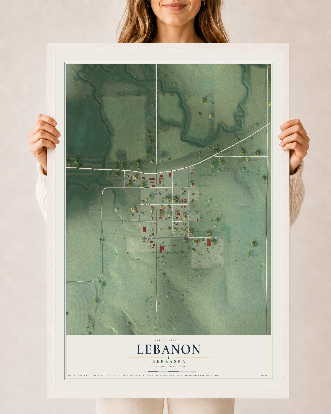 Map of Lebanon, Nebraska, 24 x 36 inch print in a white wood frame