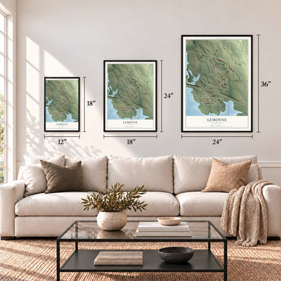Lemoyne, Nebraska map in 12 x 18, 18 x 24 and 24 x 36 inch sizes above a sofa