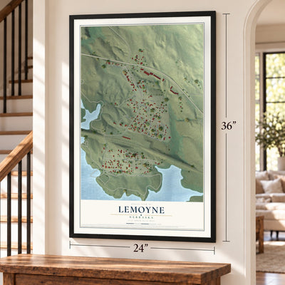 Lemoyne, Nebraska map, 24 x 36 inch print in a black frame by a staircase