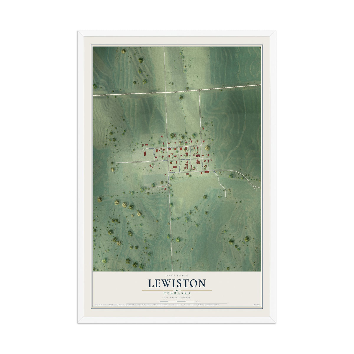 Map of Lewiston, Nebraska, 12 x 18 inch print in a white wood frame