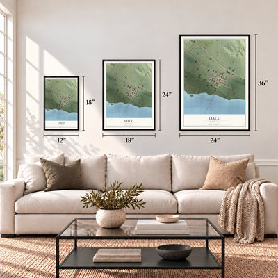 Lisco, Nebraska map in 12 x 18, 18 x 24 and 24 x 36 inch sizes above a sofa