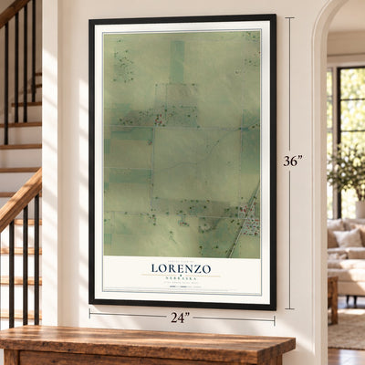 Lorenzo, Nebraska map, 24 x 36 inch print in a black frame by a staircase