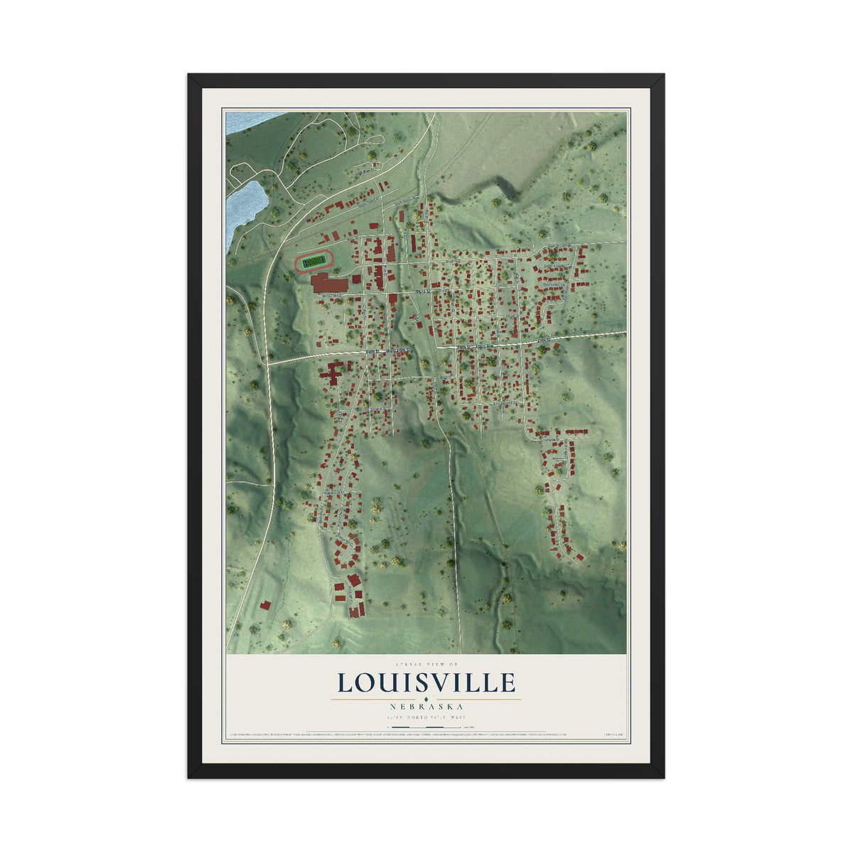 Map of Louisville, Nebraska, 12 x 18 inch print in a black wood frame